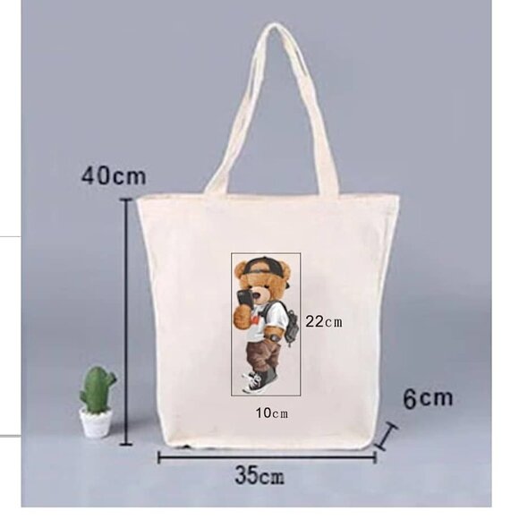 NWOT - Cute Teddy Bear in White T-shirt Canvas Tote Bag - Picture 1 of 2
